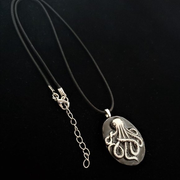 Handmade Ceramic Black Octopus Kraken Pendant Necklace - Picture 9 of 14